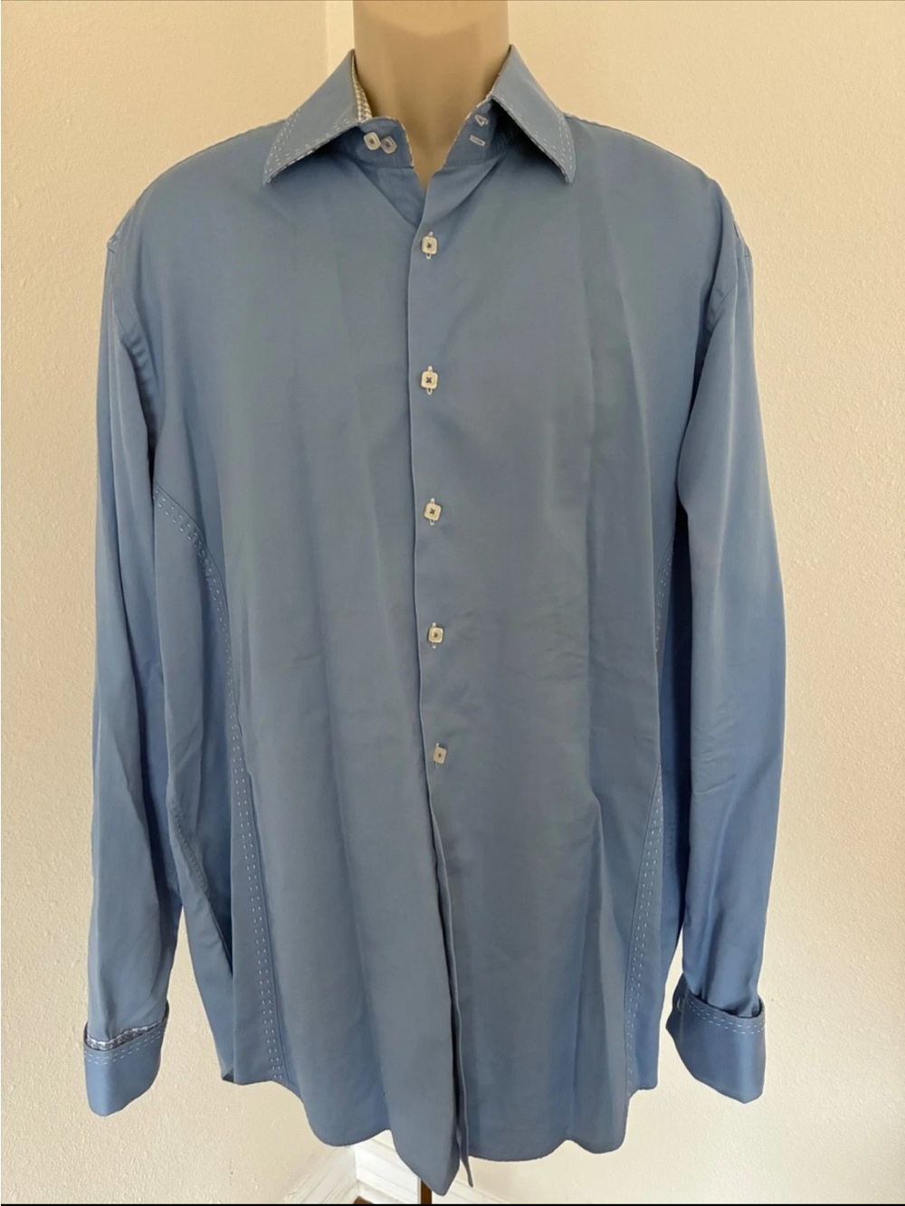 BUGATCHI Shaped Fit Blue Casual Shirt Button Down French Cuffs Long Sleeve XXL